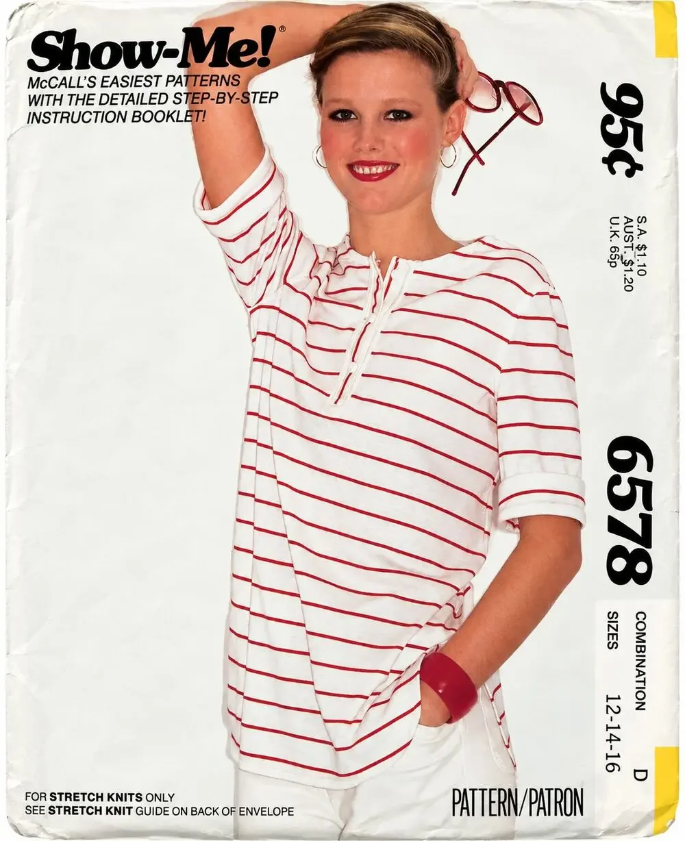 6578 Vintage McCalls SEWING Pattern 1980s Pullover Knit T Shirt Henley 12-14-16